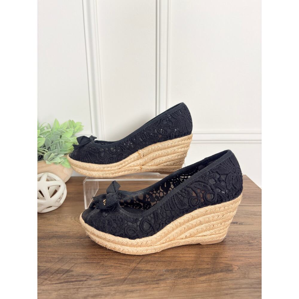 Tory Burch Jackie Lace Espadrille Wedge Peep Toe Bow Black Coastal Chic 8.5 - Picture 7 of 12